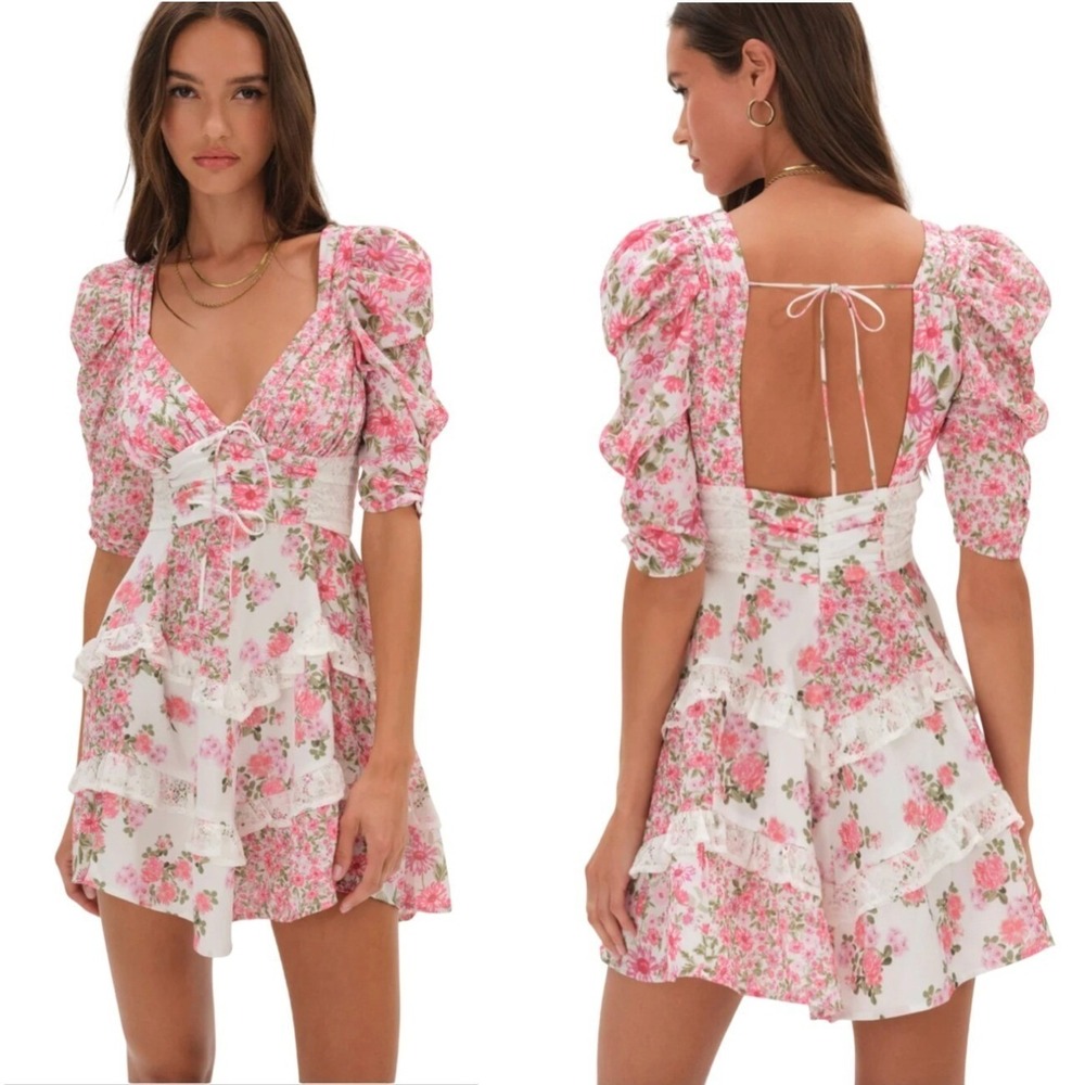 For Love & Lemons Rosalyn Mini Dress LARGE Pink Spring Floral Feminine Cottage